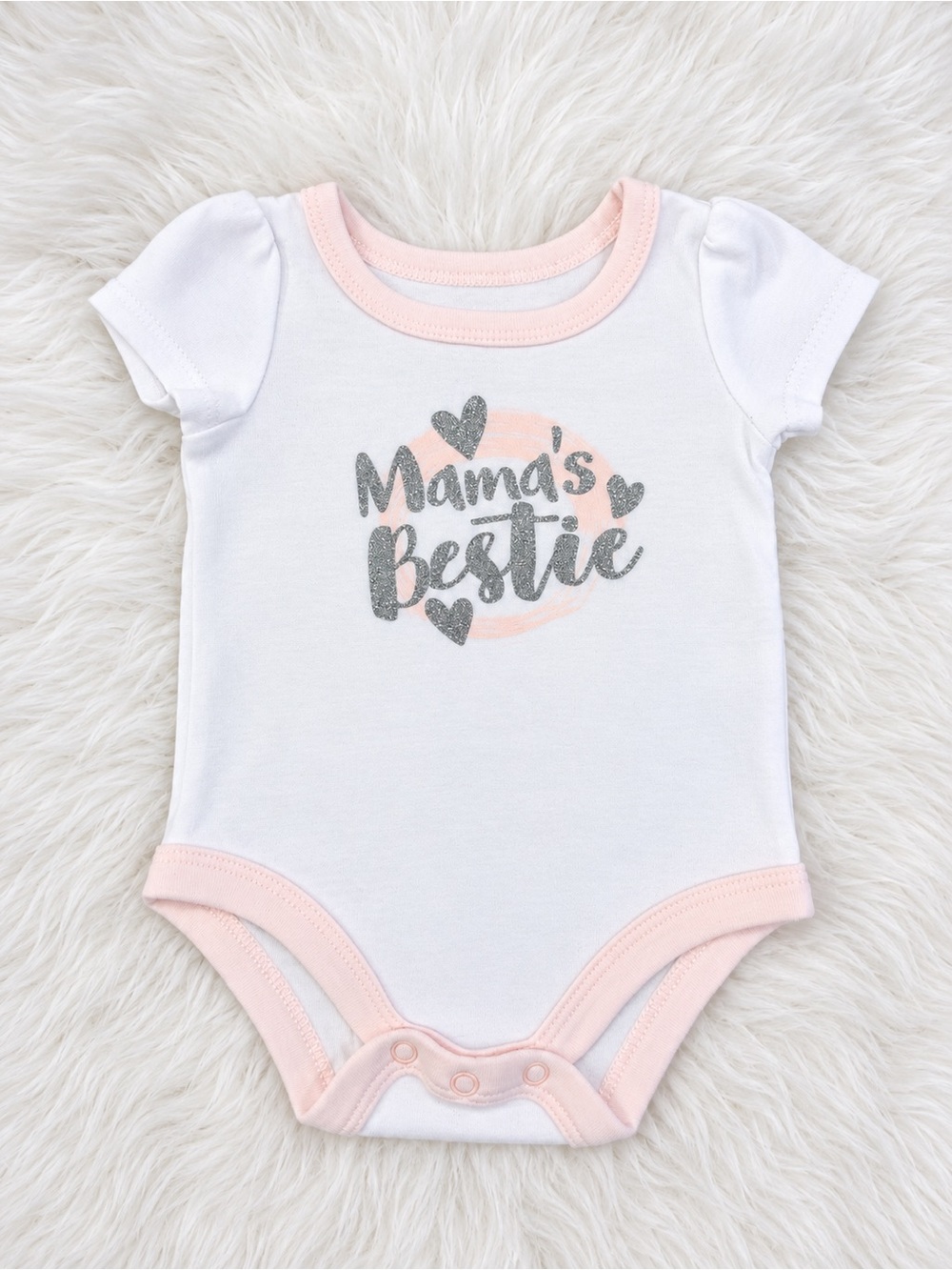 Baby Essentials White One-Piece with Pale Pink Trim and Glitter Graphic
